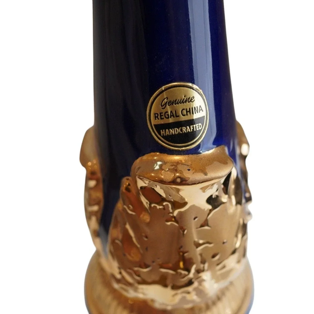 Vintage Regal China Pitcher Vase Cobalt Blue Gold Trim Handcrafted Decor 1966